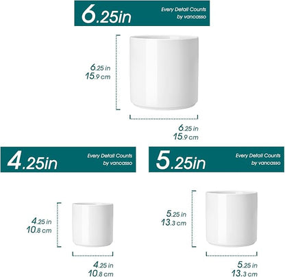 vancasso Ceramic Plant Pots, 4.25+5.25+6.25 Inch Planter Pot with Drainage Hole, Flower Pots for Indoor Outdoor Plants, Set of 3, White