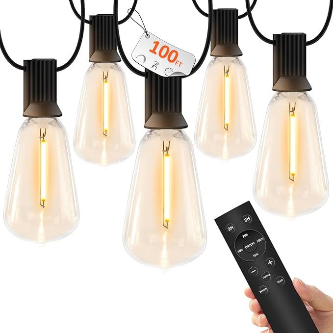 YOYONACY 100 FT Outdoor String Lights for Outside, IP65 Waterproof ST38 LED Shatterproof Bulbs, Dimmable & Timable, 3 Light Modes, Hanging Patio Edison Lights for Porch Backyard Cafe Bistro