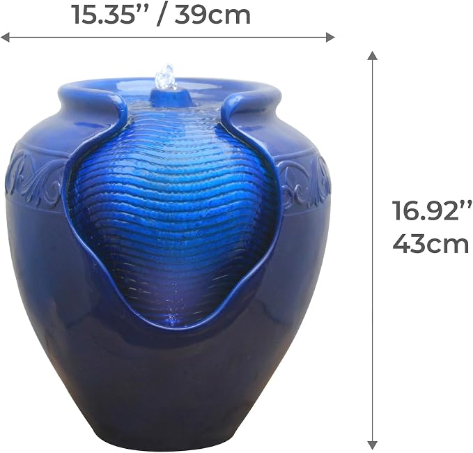 Teamson Home 16.96 in. Outdoor Glazed Pot Water Fountain with LED Lights, Built-in Pump to Create a Calming Oasis in Gardens, Landscaping, Patios, Balconies, Lawns, Royal Blue | Glazed Pot Ceramic Look, LED Lights & Pump, Cascading Zen Fountain, For Ba...