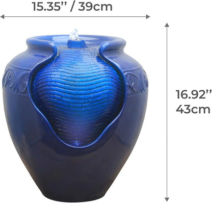 Teamson Home 16.96 in. Outdoor Glazed Pot Water Fountain with LED Lights, Built-in Pump to Create a Calming Oasis in Gardens, Landscaping, Patios, Balconies, Lawns, Royal Blue | Glazed Pot Ceramic Look, LED Lights & Pump, Cascading Zen Fountain, For Ba...