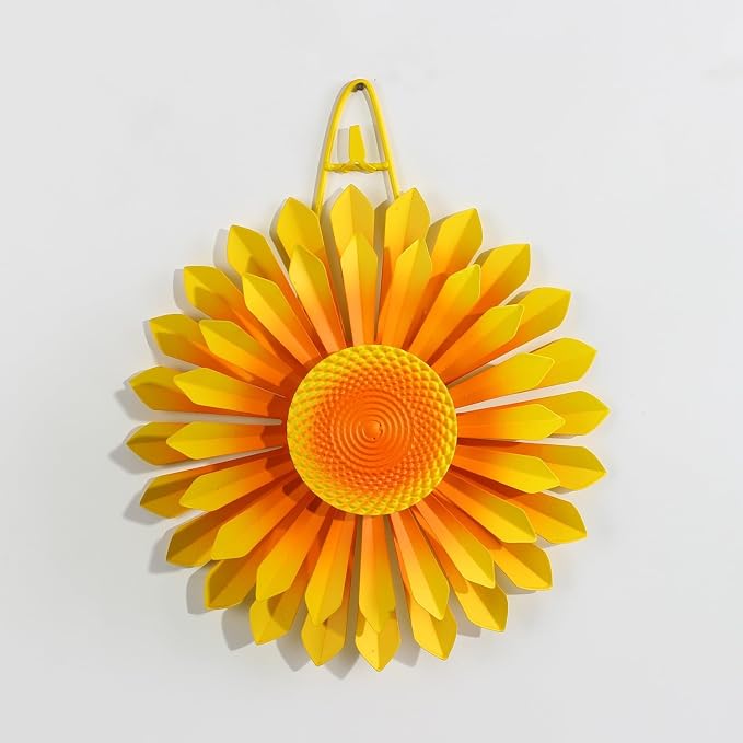 1 Pcs Metal Hanging Wind Spinners with Welcome Sign, 11.8 inch, Orange | Metal Sunflower Welcome Sign with Butterfly, Outdoor metal wall art decor, outside wall art Gardon decoration