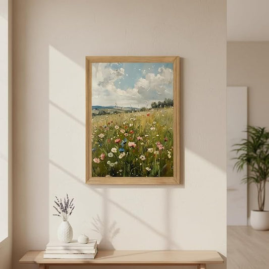 Wildflower Wall Art Framed Botanical Flower Meadow Canvas Print, Vintage Floral Landscape Canvas, Nature Wall Decor with Wood Frame for Bedroom Living Room Cottage Home Decor 12x16 Inch