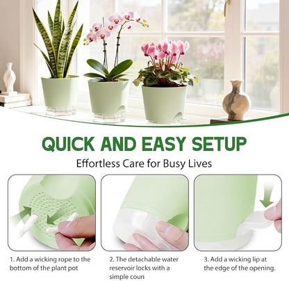 Self Watering Pots for Plants, 2026 New Flower Plant Pots with Drainage Holes, Wicking and Clear Reservoirs for Succulent, Aloe, Cacti and Others - 6 Pack (Green, 5")