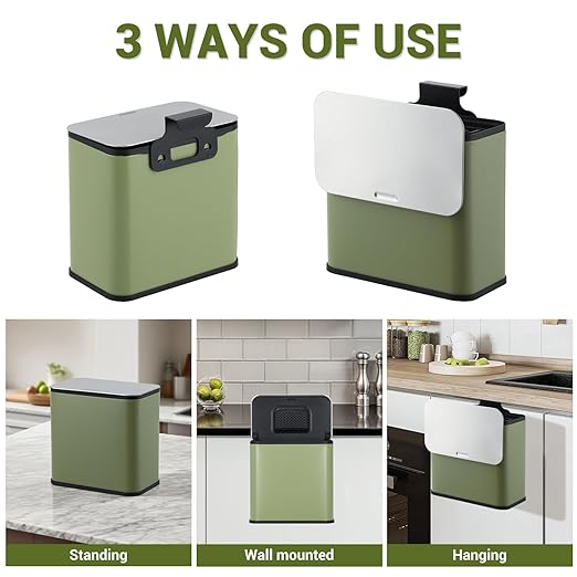 1.3 Gallon/5L Slim Stainless Steel Trash Can with Lid, Odor Control Charcoal Filter, Removable Bucket, Hanging/Wall Mounted/Standing Waste Bin for Kitchen, Bathroom, Bedroom, Office - Green
