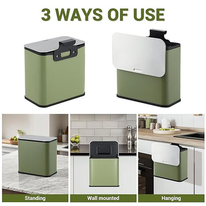 1.3 Gallon/5L Slim Stainless Steel Trash Can with Lid, Odor Control Charcoal Filter, Removable Bucket, Hanging/Wall Mounted/Standing Waste Bin for Kitchen, Bathroom, Bedroom, Office - Green