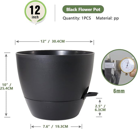 Meowell 12 inch Large Self Watering Pots for Indoor Outdoor Plants, Flower Plant Pots with Mesh Drainage Holes for Garden House, Plastic Planters with Reservoir for Home Decor, Black