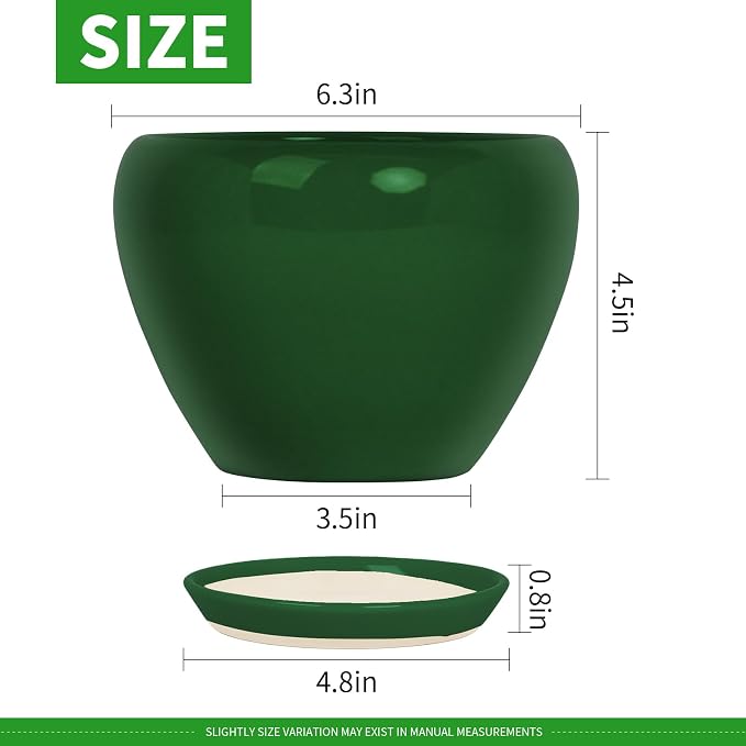 Deep Dream 6 Inch Plant Pots- Ceramic Planter Pot with Drainage Hole and Saucer, Round Flower Pot for Indoor Outdoor Succulent, Snake Plants and Cactus, Green