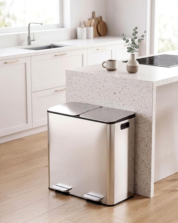 2 x 40L (2 x 10.6 Gallon) Dual Compartment Trash Can, Stainless Steel Kitchen Step Garbage Bin with Soft-Close Lid, Fingerprint-Resistant, Removable Inner Buckets for Waste Sorting,Home,Office
