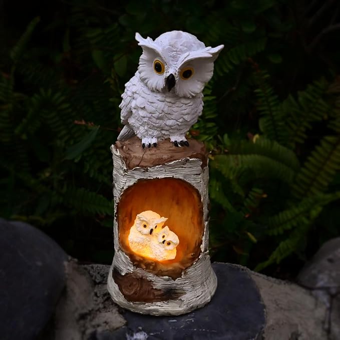 Solar Powered Owl Garden Decor Outdoor Statues Led Porch Backyard Figurine Light Great Horn White Sculpture for Lawn Ornament Patio Decorations Waterproof