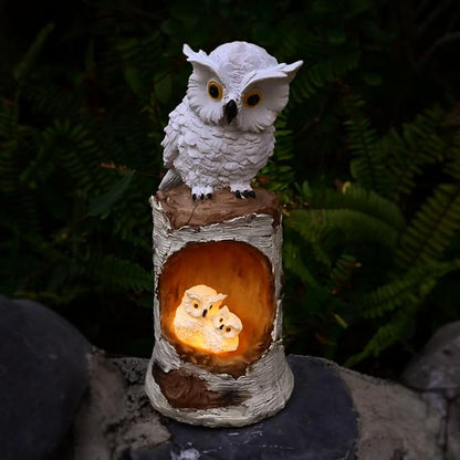 Solar Powered Owl Garden Decor Outdoor Statues Led Porch Backyard Figurine Light Great Horn White Sculpture for Lawn Ornament Patio Decorations Waterproof