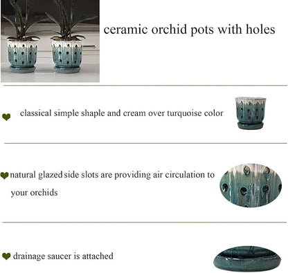 Orchid Pots 4.9 inch Ceramic Orchid Pots with Holes Set of 2 Cream Over Turquoise