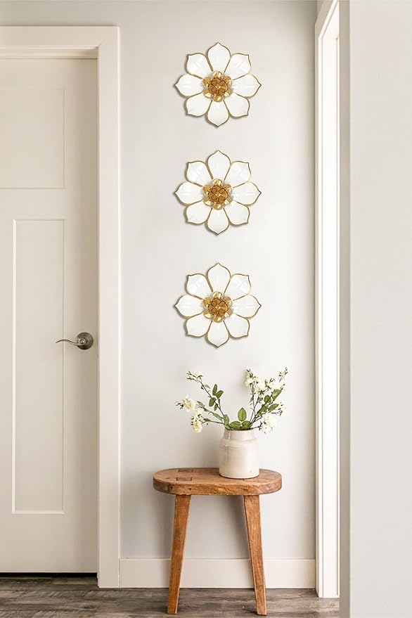 Metal Flowers Wall Decor White and Gold Wall Art Decorations Hanging Rustic Modern Floral Sculpture Single Wall Accent Artwork Indoor Outdoor for Bedroom Living Room Garden Patio Porch 10 Inch