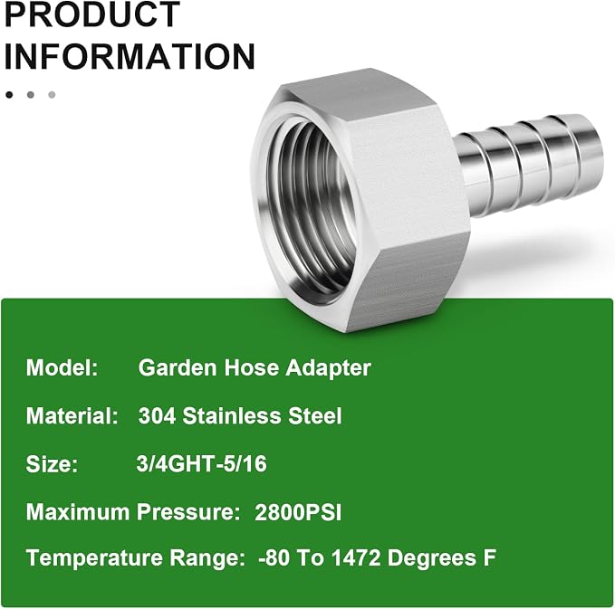 TAISHER 2PCS 304 Stainless Steel Garden Hose Repair Connector, 5/16" Barb x 3/4" GHT Female Garden Hose Adapter with Hose Clamps