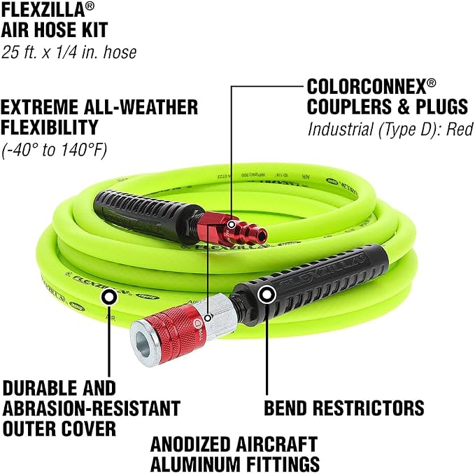 Flexzilla Air Hose with ColorConnex Industrial Type D Coupler and Plug, 1/4 in. x 25 ft., Heavy Duty, Lightweight, Hybrid, ZillaGreen - HFZ1425YW2-D