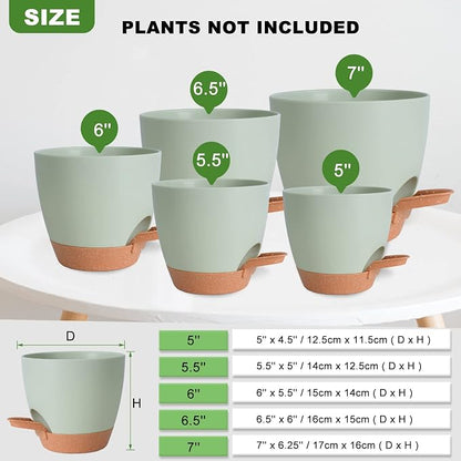 Vanslogreen Plant Pots Indoor 7/6.5/6/5.5/5 Inch Self Watering Planters for Indoor Plants with Drainage Hole, Plastic Flower Pots for Succulents, African Violet (Green)