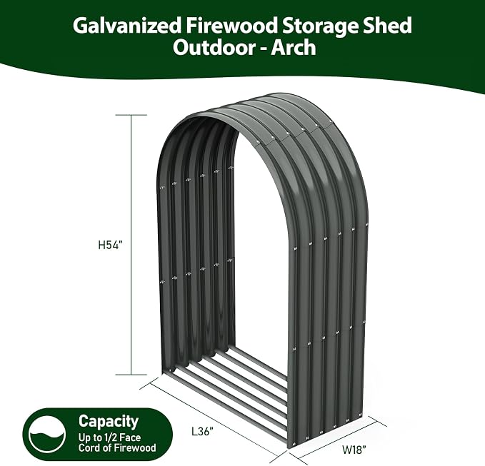 ANLEOLIFE Arch Tall Outdoor Firewood Rack with Corrugated Steel Roof | Alloy Steel Log Holder; 22-Gauge Powder-Coated Galvanized Panels; 18"D x 36"W x 54"H; Open-Sided Airflow; Round Crossbars
