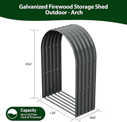 ANLEOLIFE Arch Tall Outdoor Firewood Rack with Corrugated Steel Roof | Alloy Steel Log Holder; 22-Gauge Powder-Coated Galvanized Panels; 18"D x 36"W x 54"H; Open-Sided Airflow; Round Crossbars