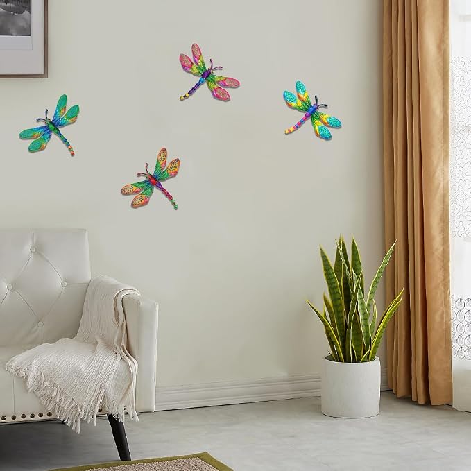 dreamskip 4 PCs Metal Dragonfly Wall Decor Art, Dragonflies Outdoor Wall Art with Colorful Leaves, Hand Painted Outdoor Decor For Garden Yard Fence Patio Outside Decoration
