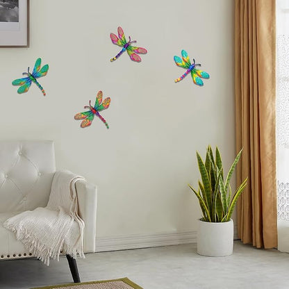 dreamskip 4 PCs Metal Dragonfly Wall Decor Art, Dragonflies Outdoor Wall Art with Colorful Leaves, Hand Painted Outdoor Decor For Garden Yard Fence Patio Outside Decoration