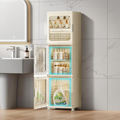 3-Tier Slim Bathroom Storage Cabinet for Small Space,Beige | Quick Assembly,Foldable,Plastic Organizers,Magnetic Doors,Adjustable Shelves,Narrow Storage Cabinet,Wheels