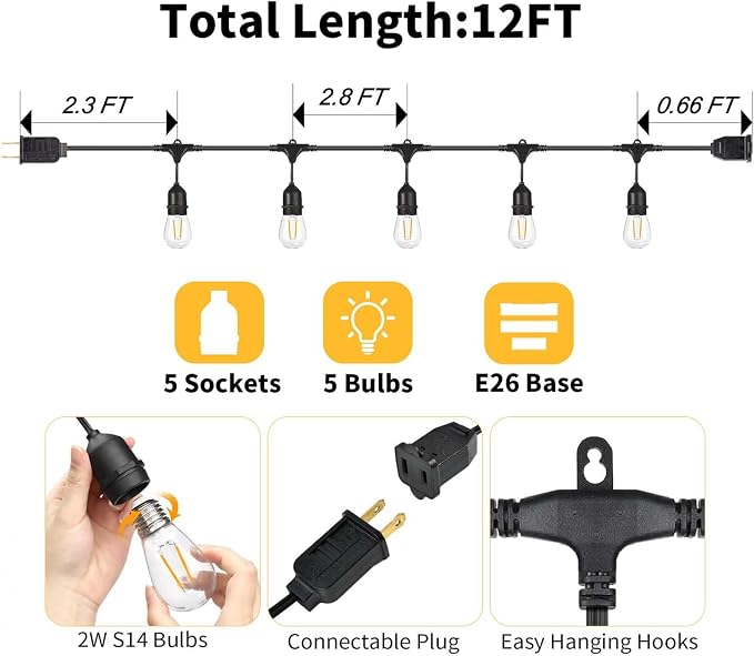 BRIMAX 12FT Outdoor String Lights with 5 LED Edison Bulbs 2W Shatterproof | Commercial Grade Waterproof Outside Light 2700K Warm White for Bistro Gazebos Porch Patio Garden