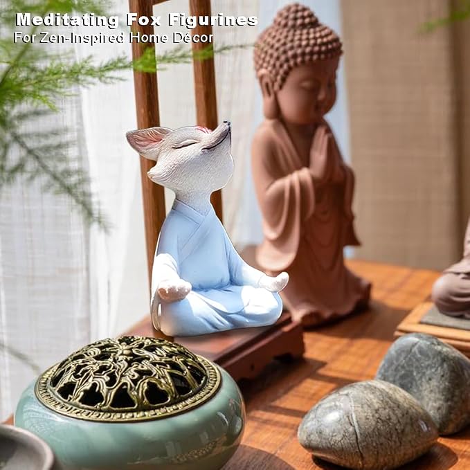 Zen Fox Buddha Statue, Yoga Figurine for Home Office, Garden Decor | Meditation decor, resin animal fox statues, fox figurines, feng shui shelf decor spiritual gifts for indoor outdoor