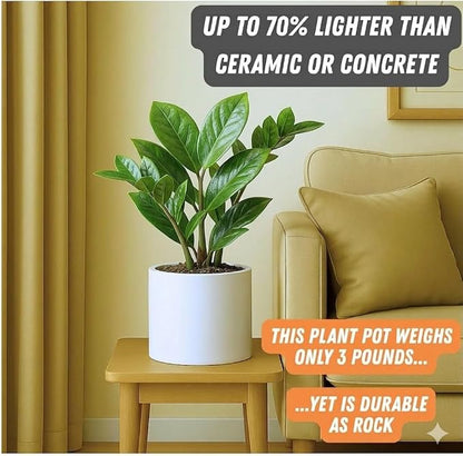 Fox & Fern Large Indoor Planter, Modern Large Plant Pot for Indoor or Outdoor, UV and Frost Resistant - 8 Inch, Glossy White Flower Pot with Drainage Plug, Lightweight