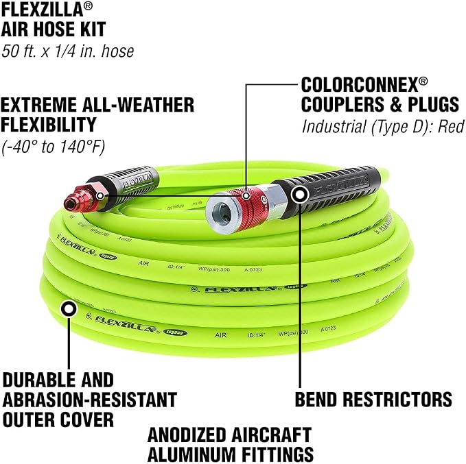 Flexzilla Air Hose with ColorConnex Industrial Type D Coupler and Plug, Heavy Duty, Lightweight, Hybrid, ZillaGreen - HFZ1450YW2-D, 50ft (Pack of 10)