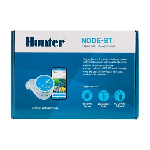 Hunter NODE-BT-100 Battery Sprinkler Timer, 1-Zone Controller with Solenoid | Bluetooth battery irrigation controller with DC-latching solenoid, app control, for drip or remote systems
