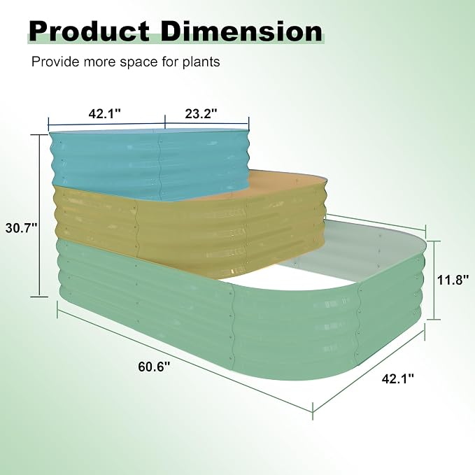 IDEALHOUSE 3-Tier Galvanized Raised Garden Bed 60.6x42.1x30.7 Inch, Exclusive Layered Planting Design for Shallow & Deep Root Plants, Eliminates Root Competition, Maximize Vertical Space, Green