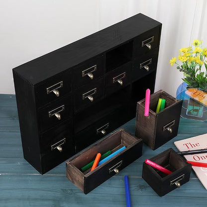 Apothecary Drawers Apothecary Cabinet with Drawers, Black | 12 Drawer Library Card Catalog, Wooden Storage Box, Wooden Desktop Organizer with Metal Handles-Fulled Assembled