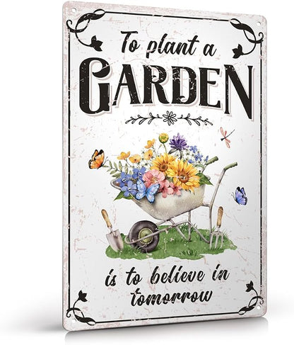 Vintage Tin Sign - 'Plant A Garden' for Home, Greenhouse - 12"x8"