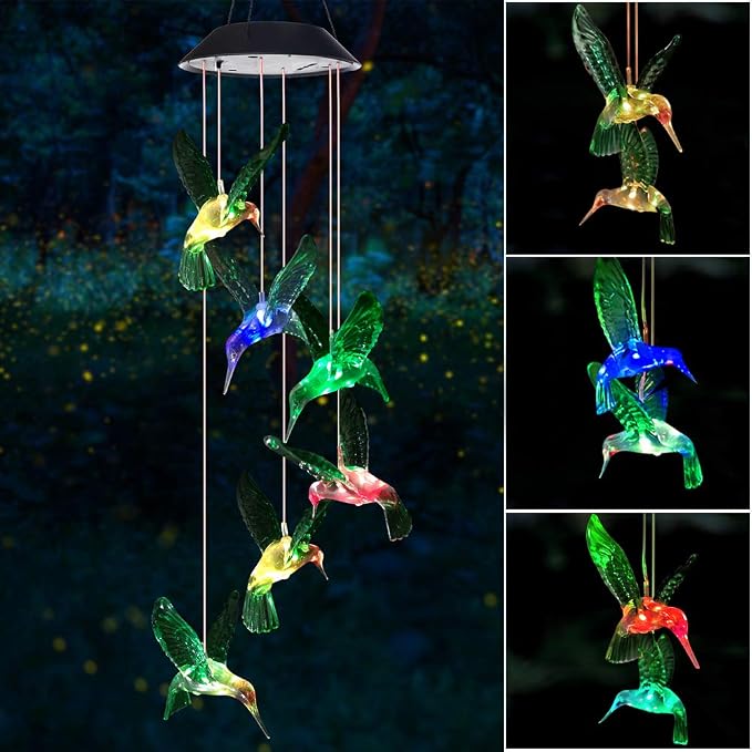 Wind Chime, Solar Hummingbird Wind Chimes Outdoor/Indoor,Birthday Gifts for Mom Grandma,Mother Outdoor Decor,Yard Decorations,Memorial Wind Chimes,Mom's Best Gifts,