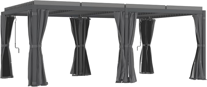 Outsunny 12' x 19' Louvered Pergola Hardtop Gazebo with Adjustable Aluminum Roof and Frame, Outdoor Pergola with Curtains and Netting, for Garden, Lawn, Backyard, and Deck, Dark Gray