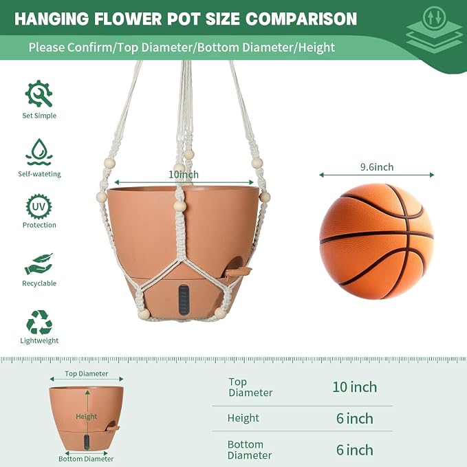 Self-Watering Hanging Planters for Indoor Plants Set 2-Piece Includes Plant Hanging Pot, Drainage-Hole Hanging Pot, and Hanging Basket Rack (Terracotta,10 Inches)