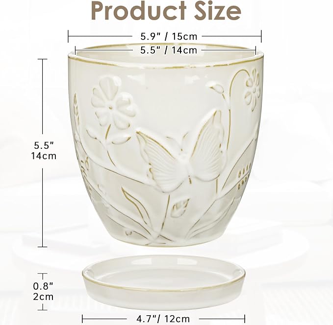 Hollyone 6 Inch White Ceramic Planter Flower Plant Pot with Drainage Hole and Saucer for Plants Embossed Indoor Outdoor Garden Embossed Ceramic Glazed Round Pot Large Butterfly Pattern