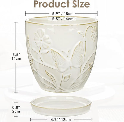 Hollyone 6 Inch White Ceramic Planter Flower Plant Pot with Drainage Hole and Saucer for Plants Embossed Indoor Outdoor Garden Embossed Ceramic Glazed Round Pot Large Butterfly Pattern