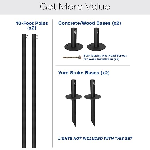 EXCELLO GLOBAL PRODUCTS Bistro String Light Poles - 2 Pack - Extends to 10 Feet - Universal Mounting Options Included