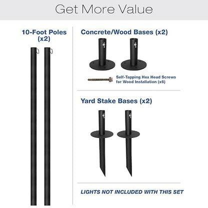 EXCELLO GLOBAL PRODUCTS Bistro String Light Poles - 2 Pack - Extends to 10 Feet - Universal Mounting Options Included