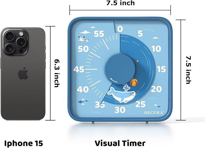 Secura 7.5-Inch 60-Minute Visual Timer for Kids, Magnetic Timer (Blue)
