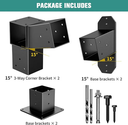 2 Pack Stainless Steel 15° Slanted roof pergola Bracket, firewood Sheds roof kit (3-Way End Corner), black