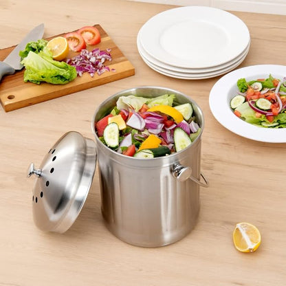 Restaurantware RW Clean 1.3 Gallon Countertop Food Waste Bin 1 Compact Food Waste Container - Avoids Rusting Airtight Lid Stainless Steel 201 Countertop Compost Bin Charcoal Filter