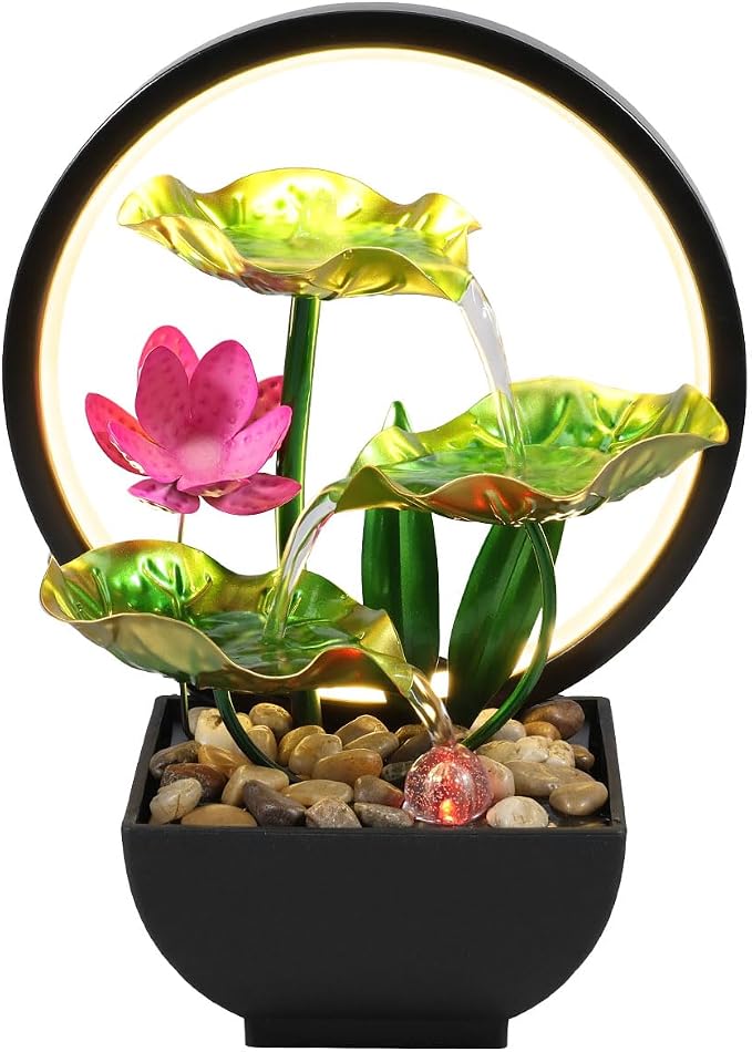 Tabletop Fountain 3-Tiers Leaf,11" Small Waterfall Fountains Indoor Water Fountain with Rocks and Ring Lights,Desktop Fountains for Meditation Relaxation for Bedroom Living Room Office