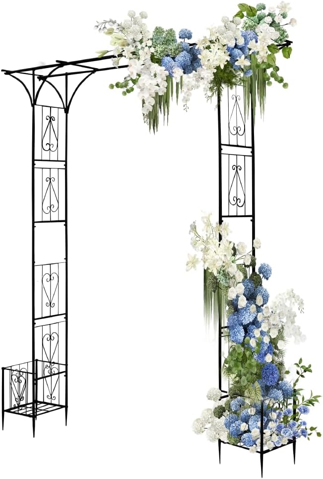 90" Garden Arbor Metal Arch Trellis for Climbing Plants with Planter Box | Outdoor Arbors Archway Pergola for Wedding Ceremony Party Decoration Flat Top Trellises for Rose Vine Backyard Lawn Patio