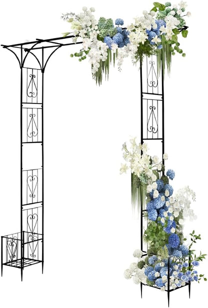 90" Garden Arbor Metal Arch Trellis for Climbing Plants with Planter Box | Outdoor Arbors Archway Pergola for Wedding Ceremony Party Decoration Flat Top Trellises for Rose Vine Backyard Lawn Patio