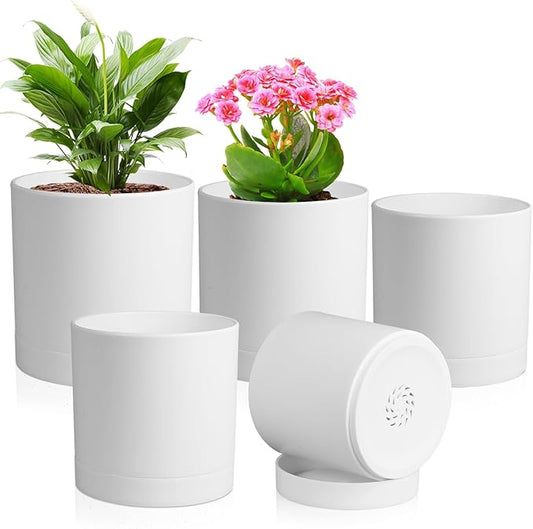 Meowell 7/6.5/6/5/4 inch Flower Pots, 5 Pack Cylinder Plant Pots for Small Indoor Outdoor Plants, Plastic Planters with Drainage Holes and Saucers for Garden Succulent Nursery House Plants, White