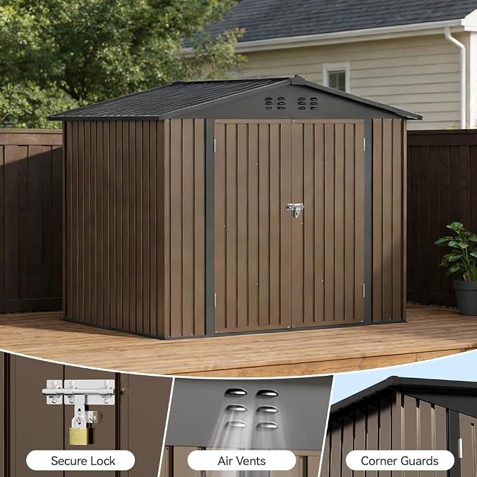 COMHOMA Shed Storage Outdoor Metal Windowed Lockable Weatherproof Ventilated Backyard Garden Utility Workshop(Brown,8'*6')
