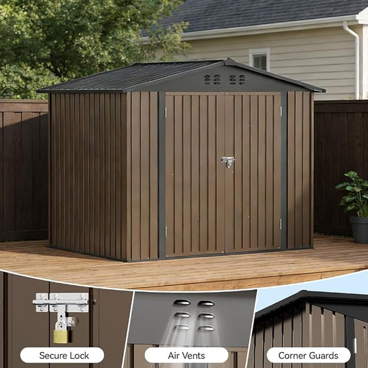 COMHOMA Shed Storage Outdoor Metal Windowed Lockable Weatherproof Ventilated Backyard Garden Utility Workshop(Brown,8'*6')