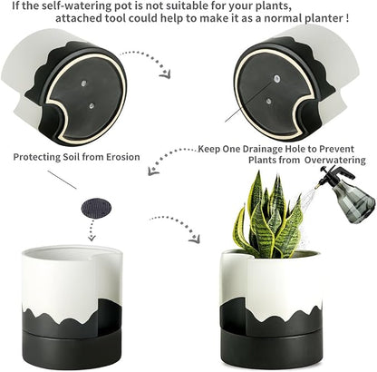 Nihow Self Watering Plant Pot, 8 Inch, White & Wave Black | Ceramic Planter, Drainage Hole & Water Storage Plus, Cylinder Round Flower Pot, Indoor & Outdoor, For Succulent/Herbs/Violets