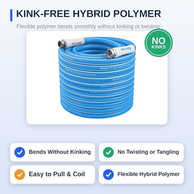 FEVONE Kink Free Garden hose 100 ft, Heavy Duty Water Hose | Drinking Water Safe, Flexible Lightweight Hybrid Polymer, 5/8 ID, 600 PSI, Leak-Free, Aluminum 3/4 GHT Connectors